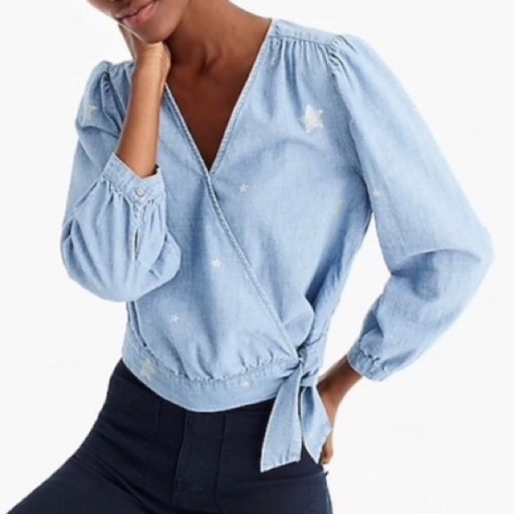 J. Crew Chambray Top Star Print Wrap Top Women’s Size XS NWT Brand New